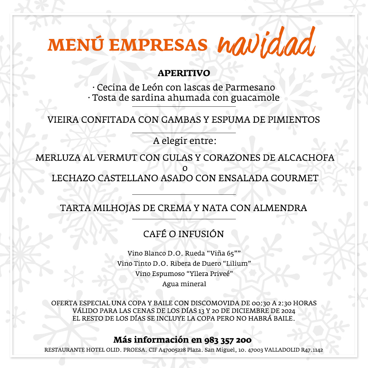 Menú de empresas Navidad en Hotel Olid