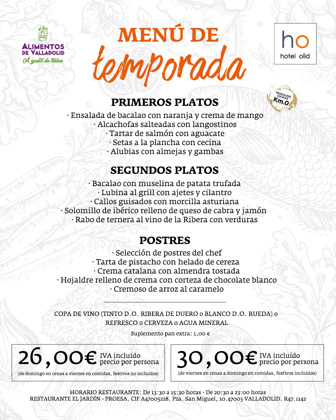 Cartel del menú de temporada para otoño en el Restaurante El Jardín de Hotel Olid