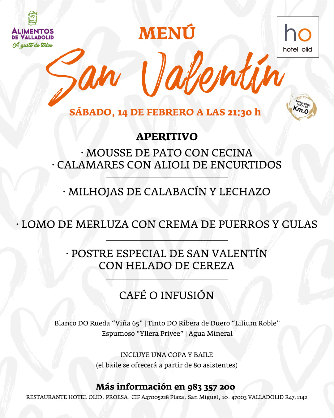 Menú de San Valentín 2026 en Hotel Olid, Valladolid